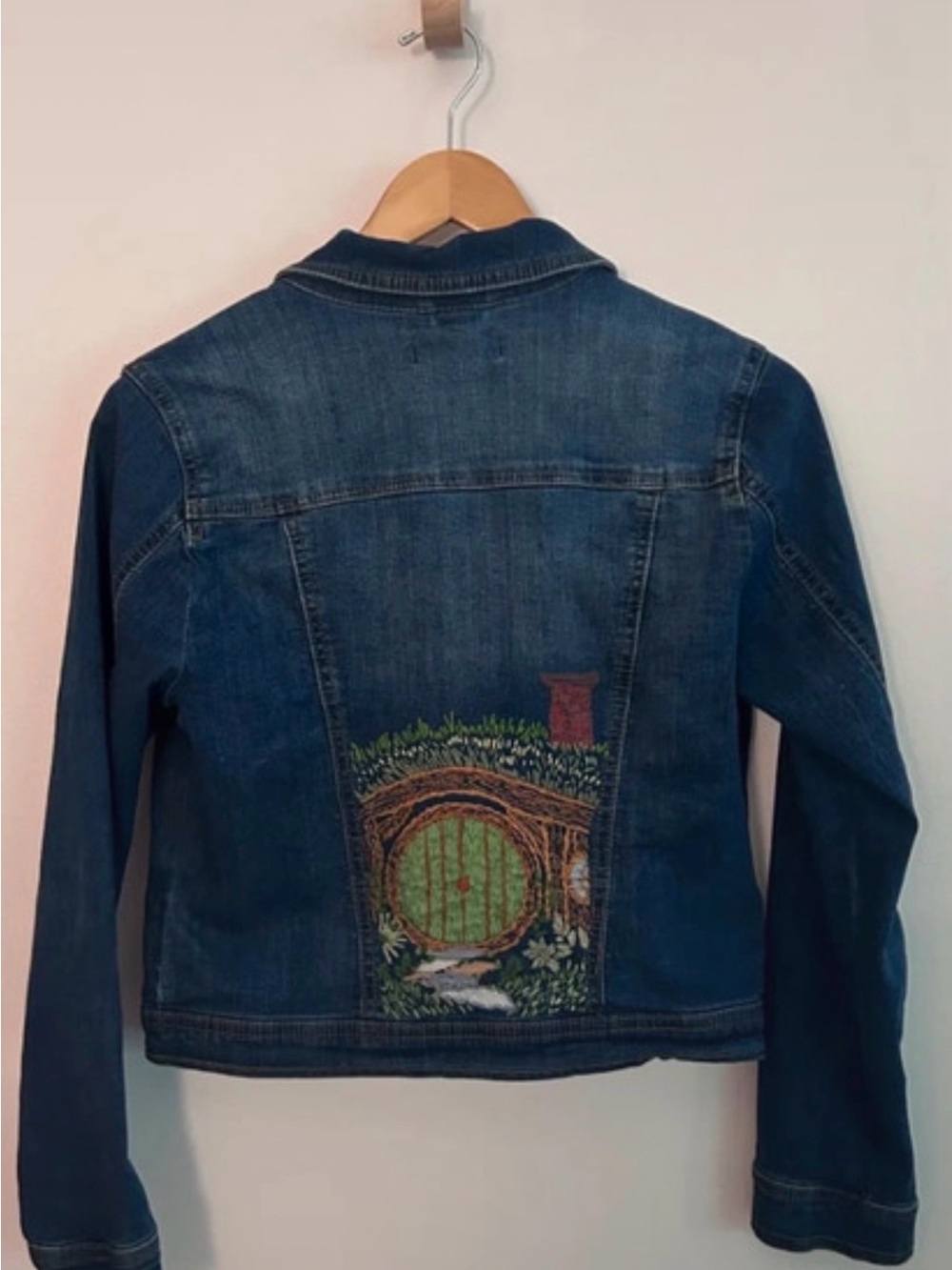 Embroidered Denim Jacket with Green Hobbit Door Detail